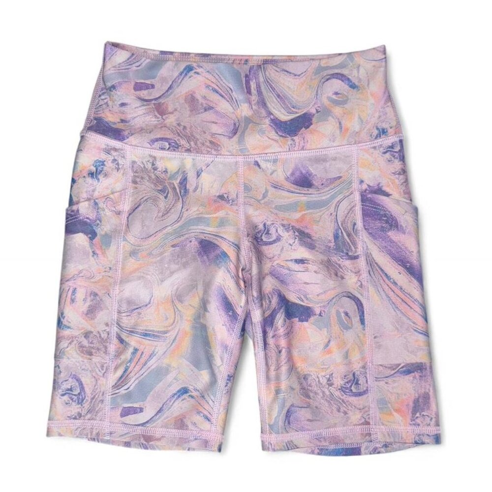 Becco Apparel Pink and Purple Marble Tie Dye Swirl Print Athletic Biker Shorts S